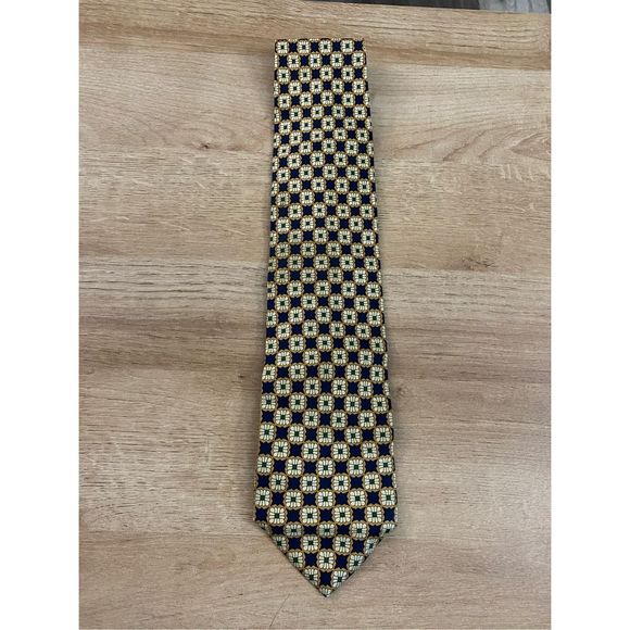 Emilio Rusconi Exclusive Silk Tie, Geometric Designer- Gold, Navy, Green, Cream - Picture 2 of 6